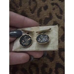 Black Gold Tone Cufflinks Asian Scenic Motif Damascene Style MCM VTG Orig Packg